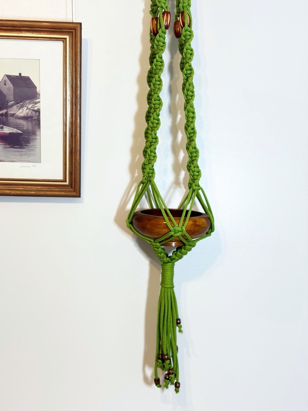 Vintage Green Macrame Hanging Planter Wood Bowl Beaded Plant Holder